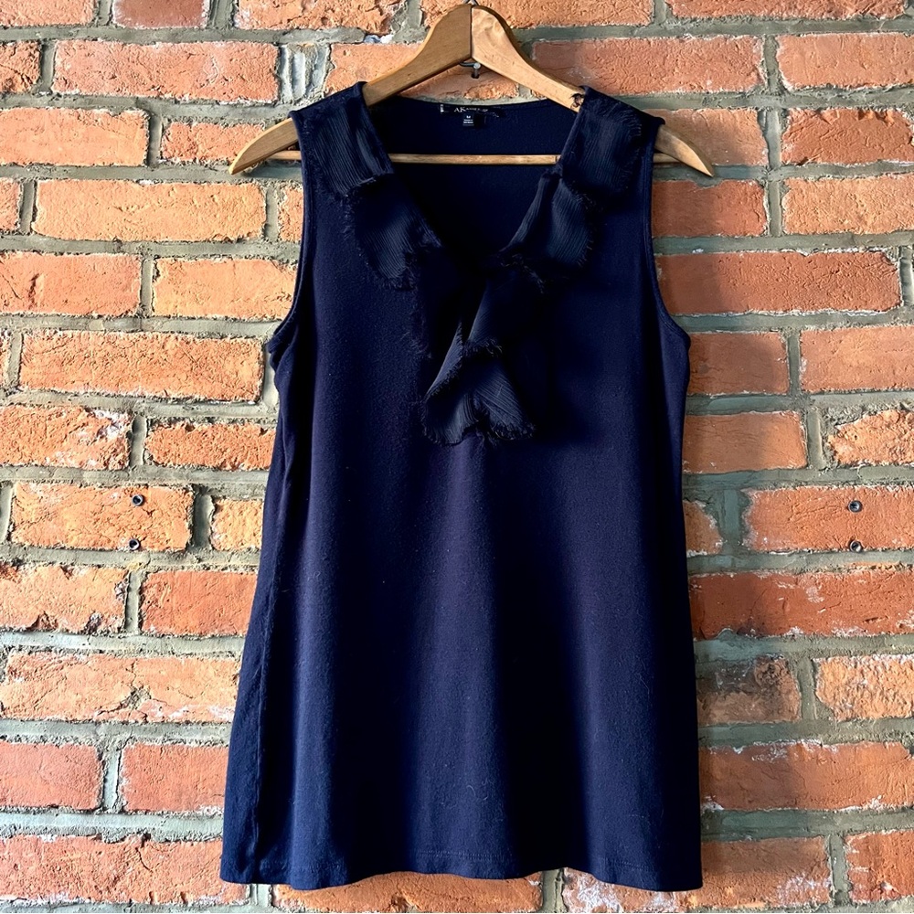Anne Klein navy ruffle knit tank top with frayed edges, size M